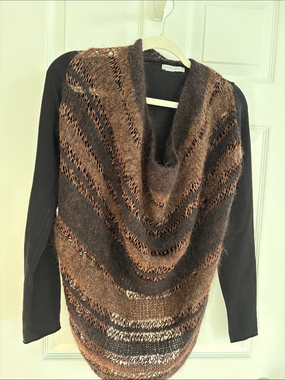 Sarah Pacini Brown and Black Open-Weave Cowl Sweater